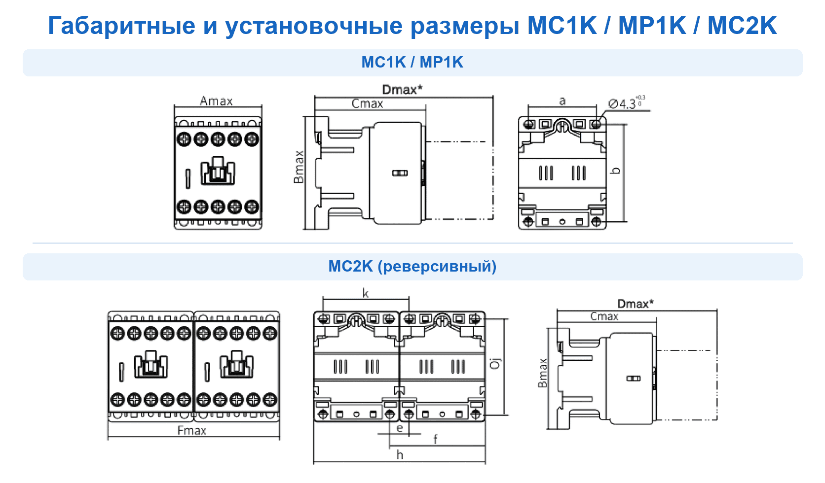Габаритные чертежи контакторов SystemePact MC1K / MP1K / MC2K / MP1K / MC2K